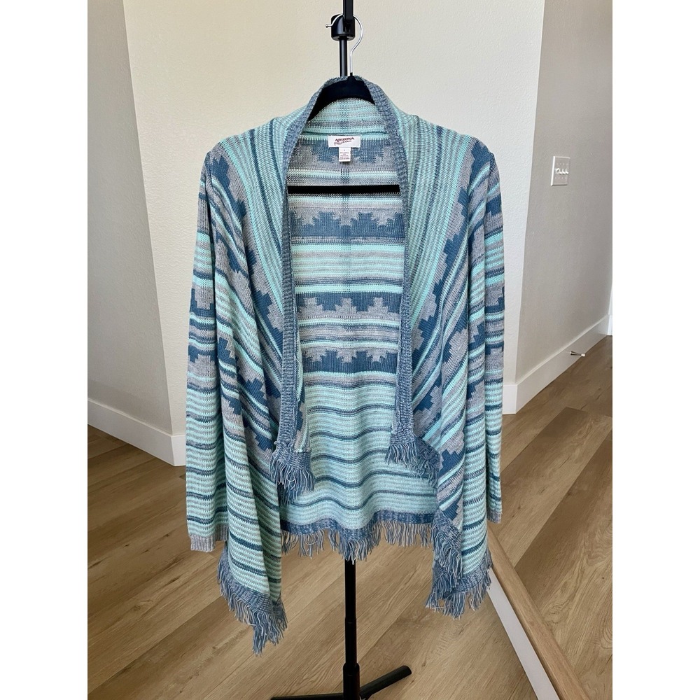 Arizona Jean Co Aztec Fringe Cardigan Sweater Sz L Teal Turquoise Southwest Boho